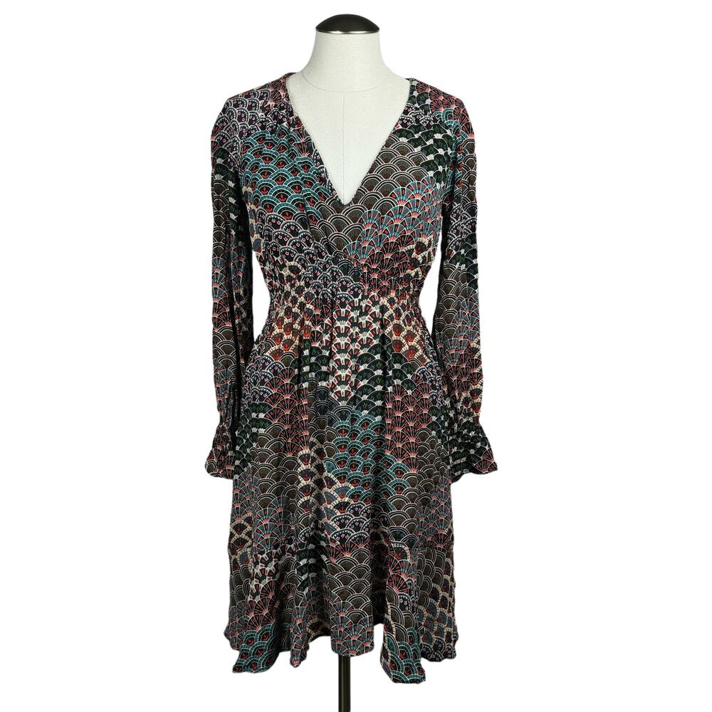 Women's Maeve Anthropologie Geometric Print Long Sleeve Fit &‎ Flare Dress Small